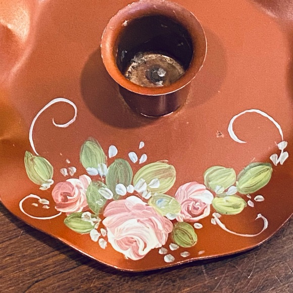 VTG 1960-70s Joyce Stephens Rust Tole Painted Metal Chamber Stick Candle Holders - Picture 3 of 8